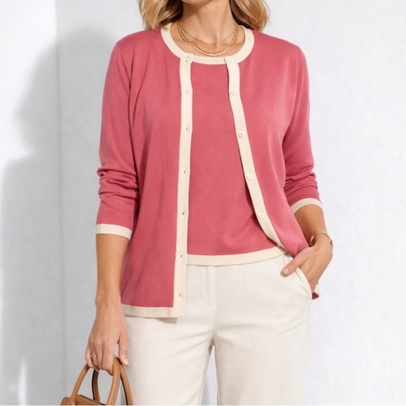 Pendleton Sweaters - Pendleton silk Pink and Cream Cardigan Set